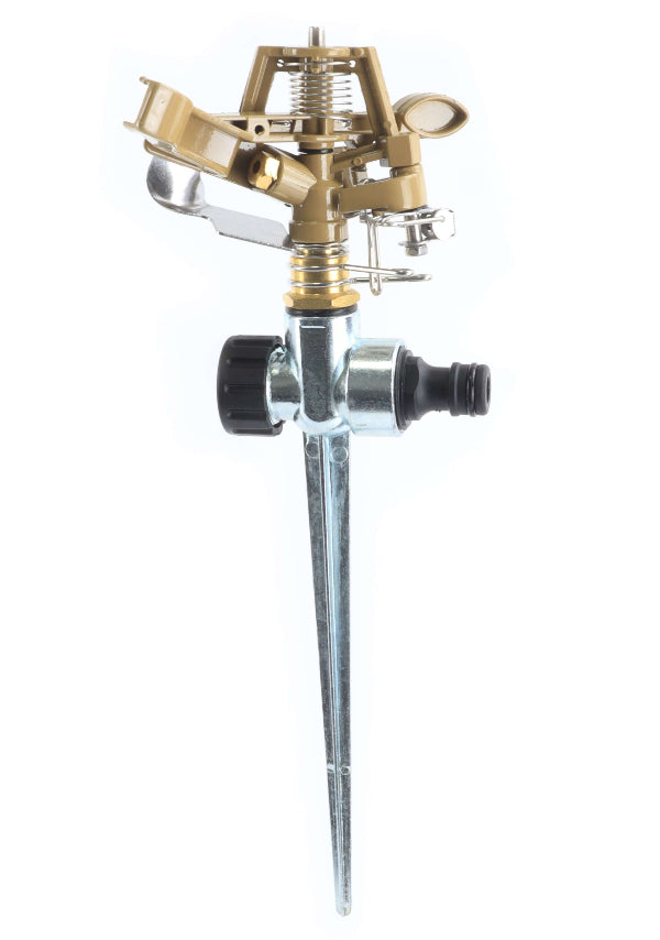 Aspersor de 360° con alcance ajustable y soporte de madera