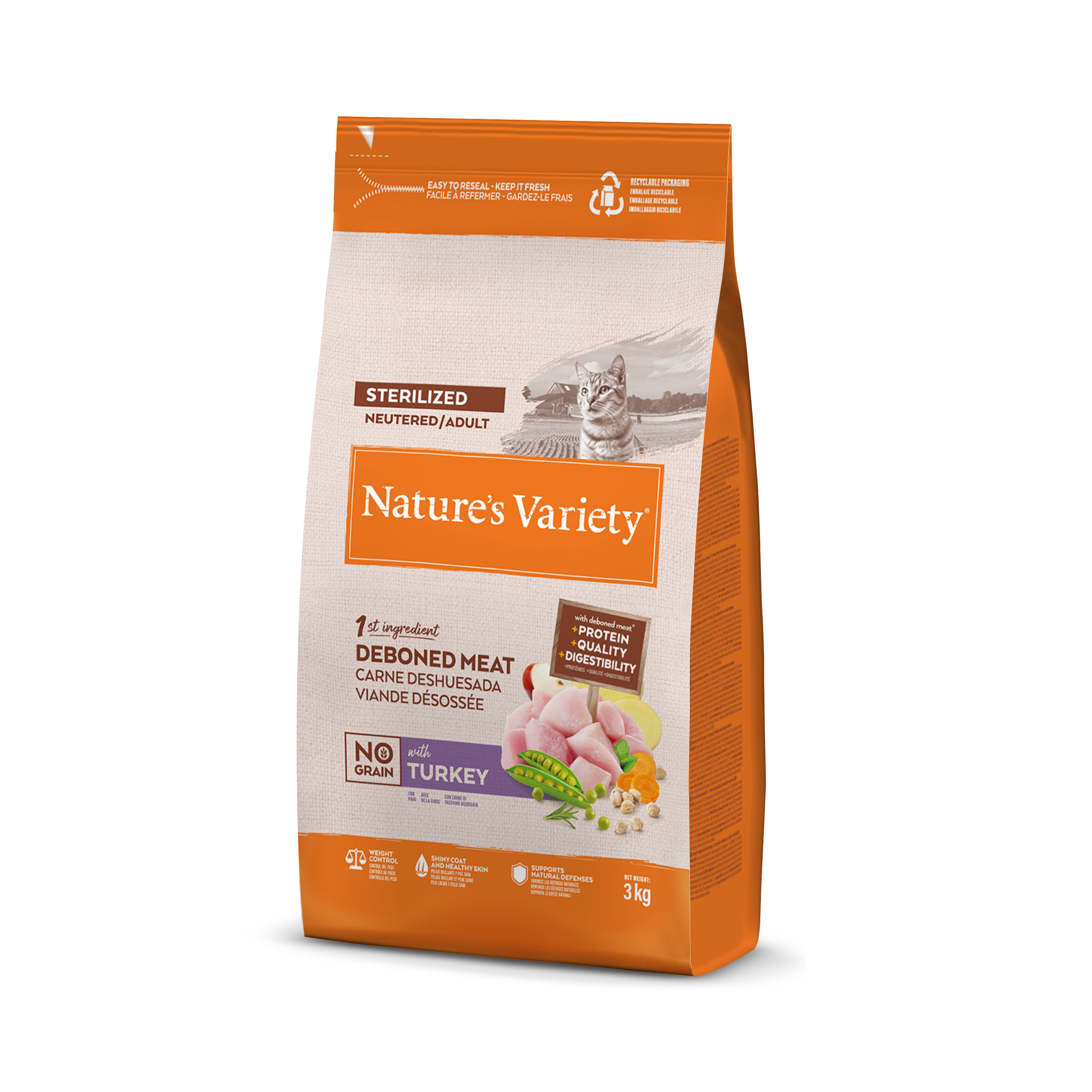 Gato esterilizado sin cereales Nature's Variety con pavo