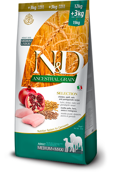 Farmina N&D Ancestral Chicken & Pomegranate Selection Adult Medium & Maxi 12Kg + 3 Kg
