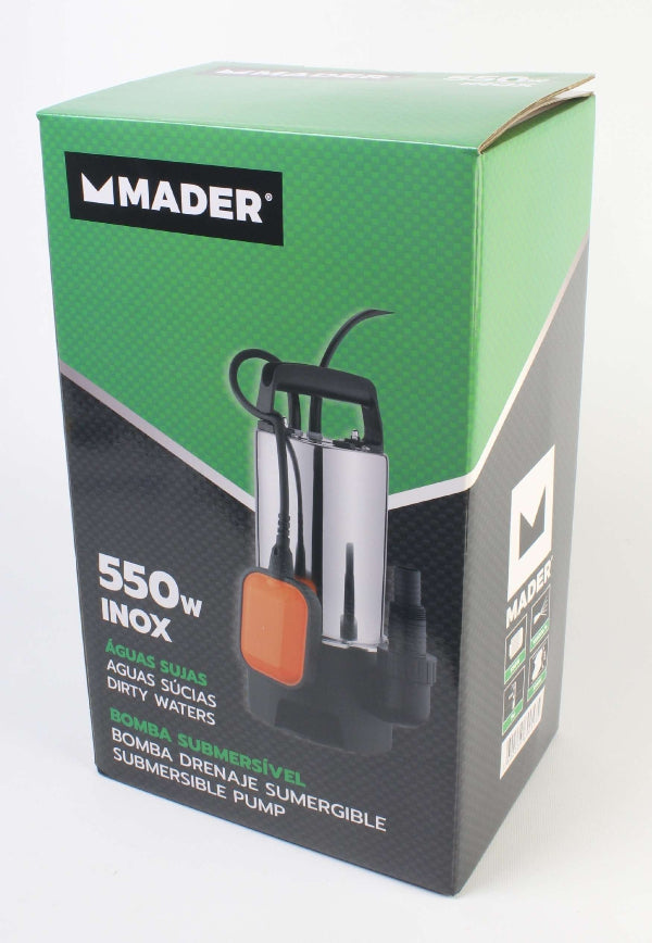 Bomba sumergible para aguas sucias, 550 W, 10500 l/h, fabricada en acero inoxidable 