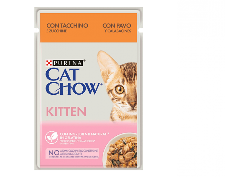 Paté de comida para gatos, gatito, pavo, calabacines