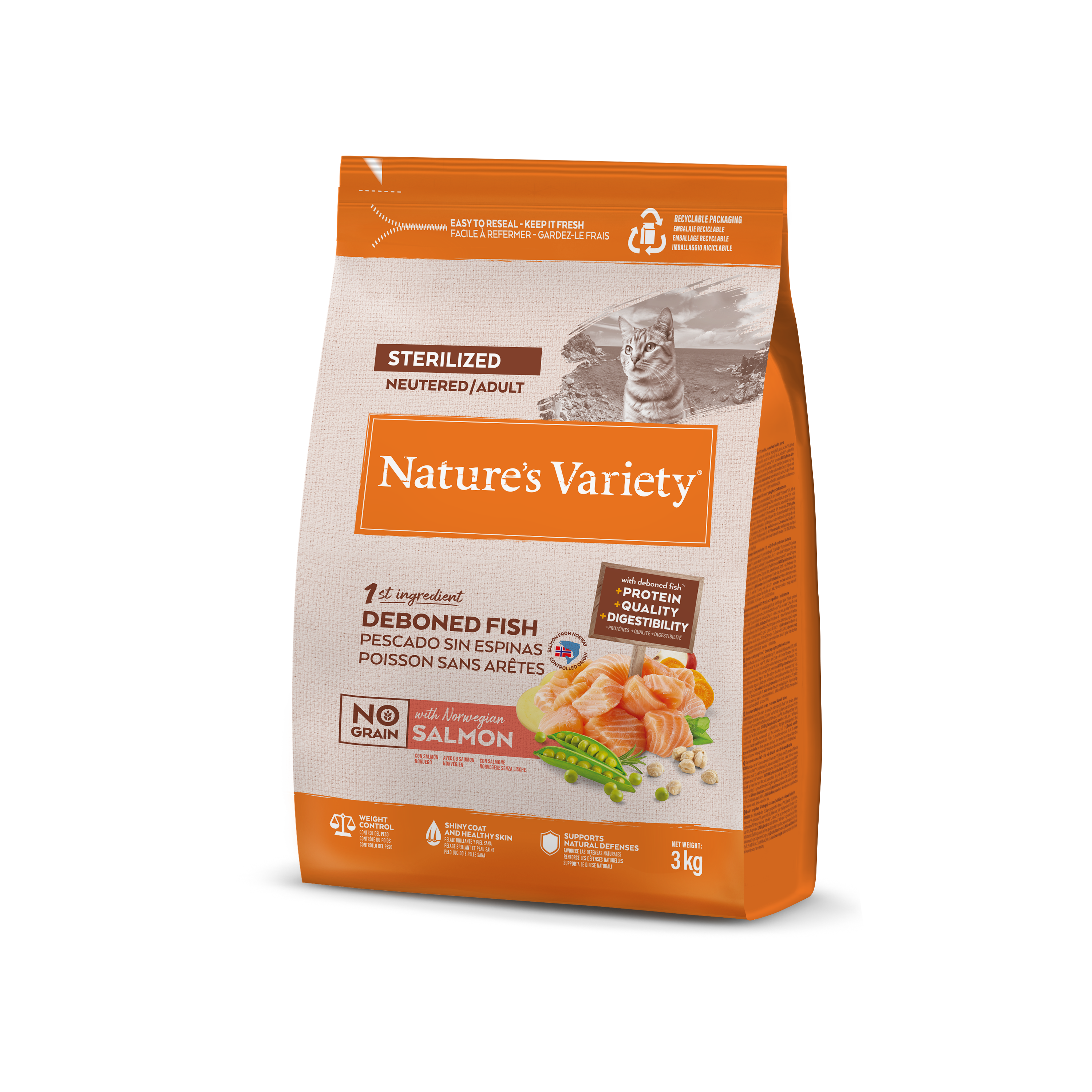 Alimento esterilizado para gatos Nature's Variety sin cereales con salmón noruego 