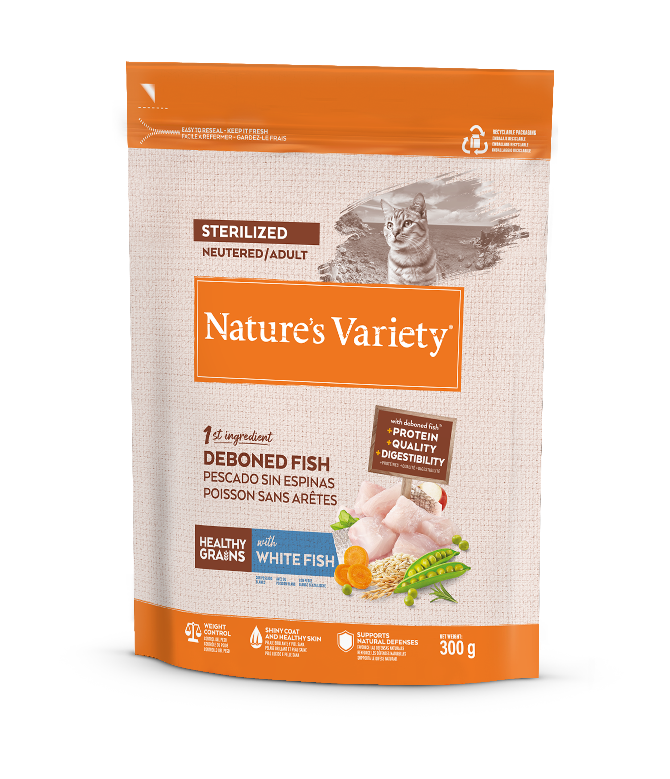 Nature's Variety Grains Gatos esterilizados saludables con pescado blanco 