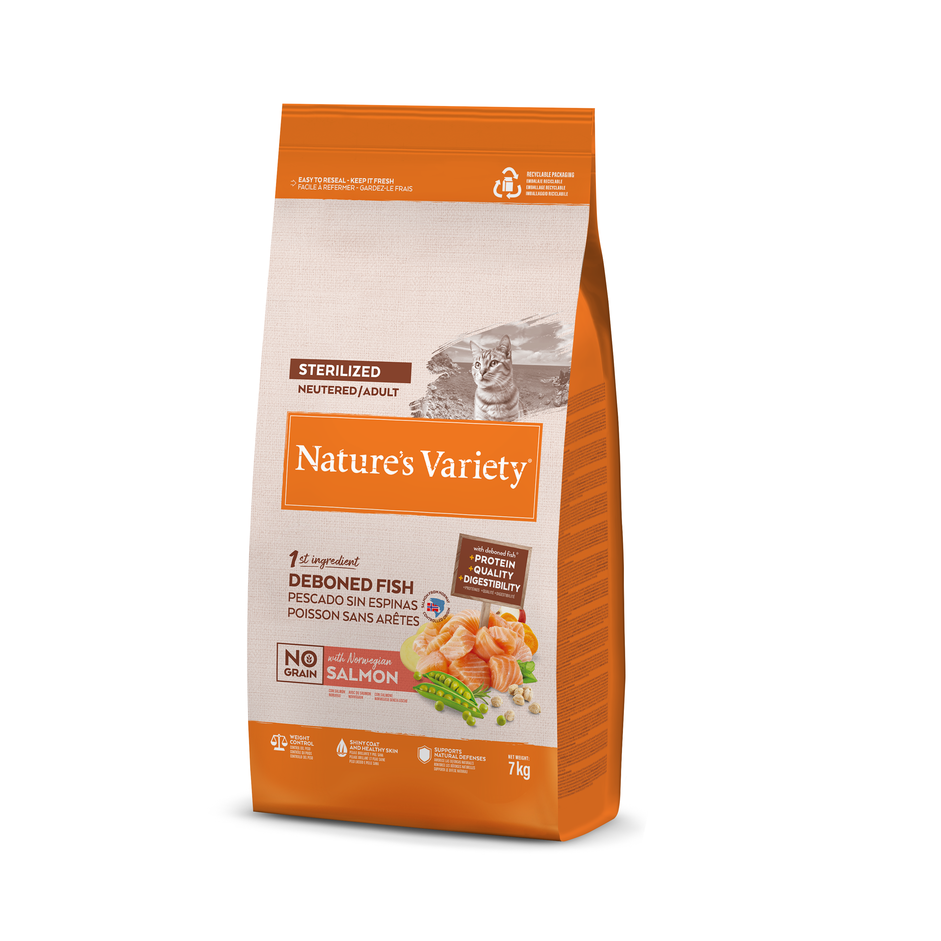 Alimento esterilizado para gatos Nature's Variety sin cereales con salmón noruego 