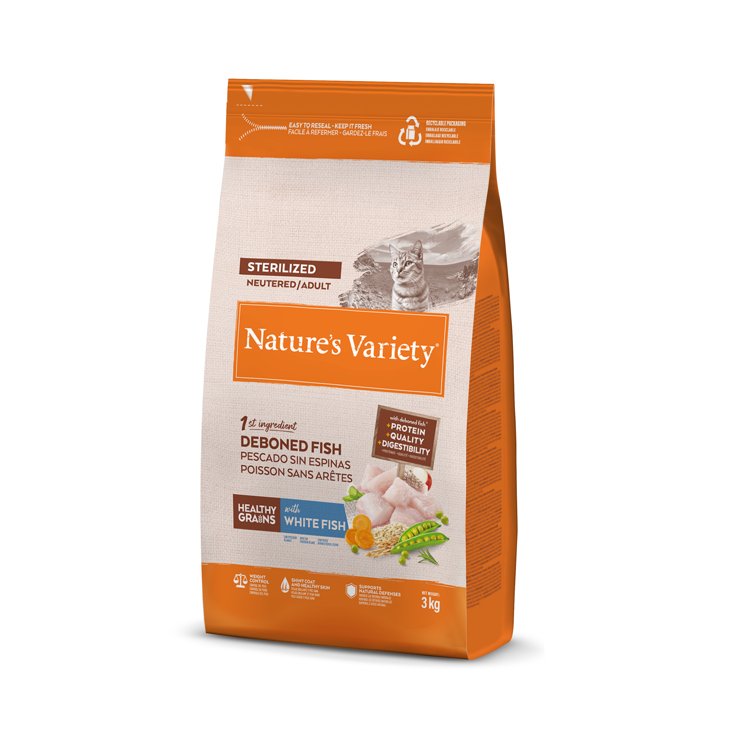 Nature's Variety Grains Gatos esterilizados saludables con pescado blanco 